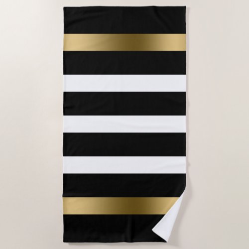 Black and white stripes pattern gold accents beach towel