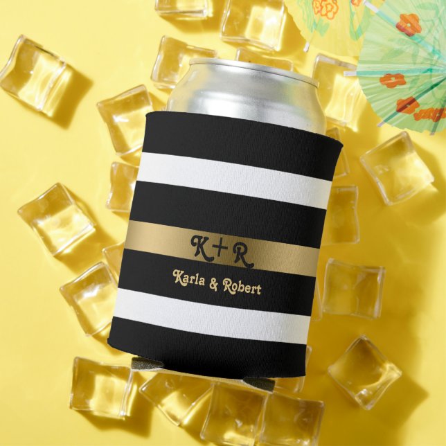Black and white stripes pattern gold accents can cooler (In Situ Summer)