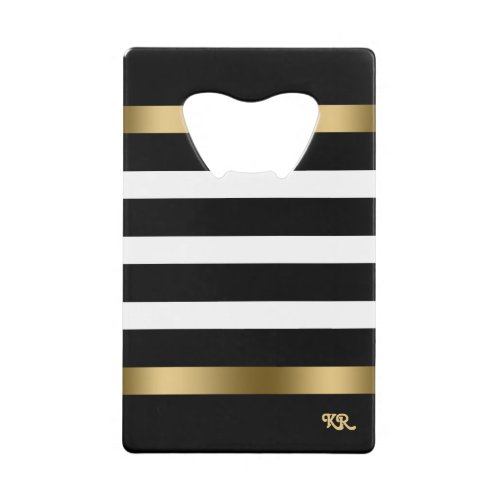 Black and white stripes pattern gold accents credit card bottle opener