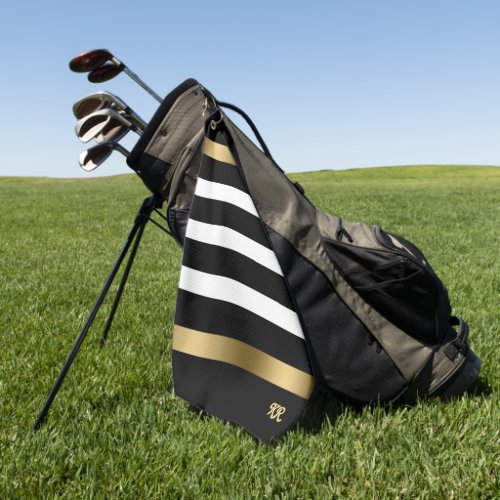 Black and white stripes pattern gold accents golf towel