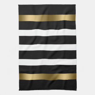 Black and white stripes pattern gold accents kitchen towel