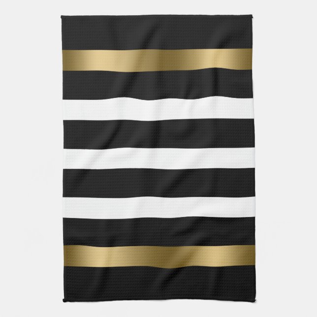 Black and white stripes pattern gold accents kitchen towel (Vertical)