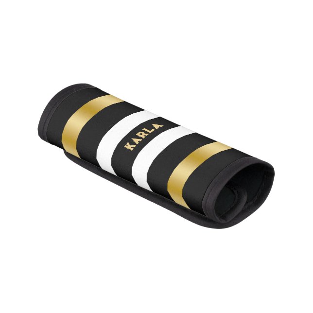 Black and white stripes pattern gold accents luggage handle wrap (Angled)