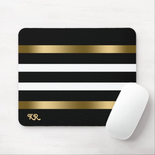 Black and white stripes pattern gold accents mouse pad