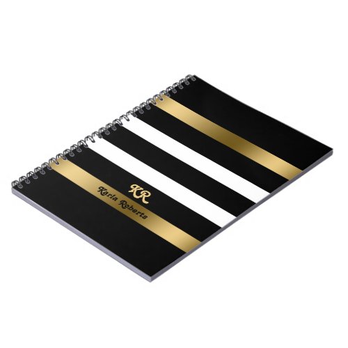 Black and white stripes pattern gold accents notebook