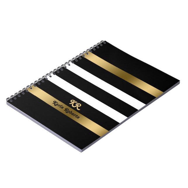 Black and white stripes pattern gold accents notebook (Left Side)