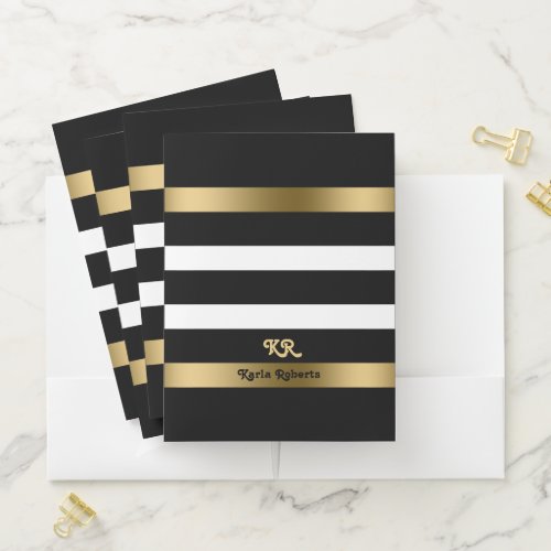 Black and white stripes pattern gold accents pocket folder