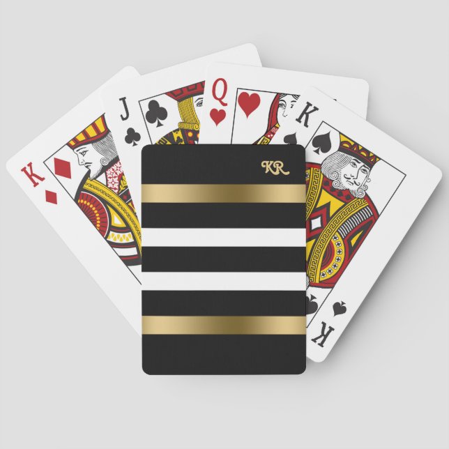 Black and white stripes pattern gold accents poker cards (Back)