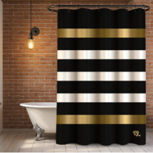 Black and white stripes pattern gold accents shower curtain