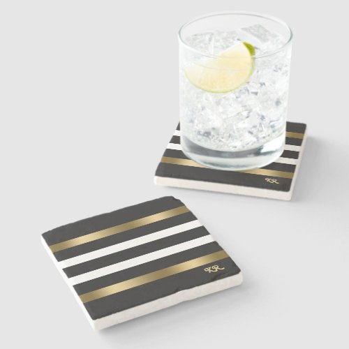 Black and white stripes pattern gold accents stone coaster