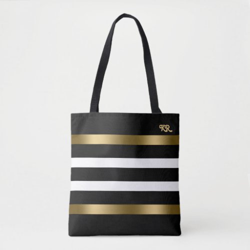 Black and white stripes pattern gold accents tote bag