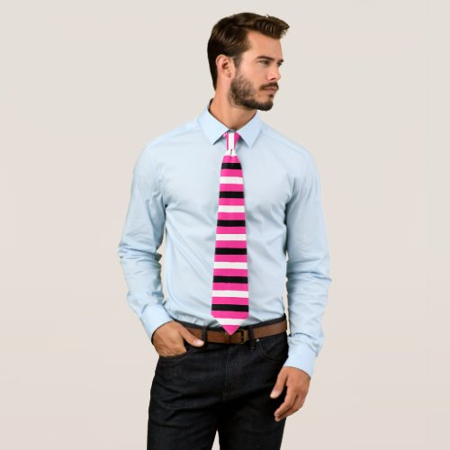 Black and White Stripes Pattern Modern Hot Pink Neck Tie