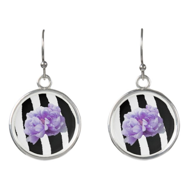 Black and White Stripes Peony Pattern Earrings (Front)