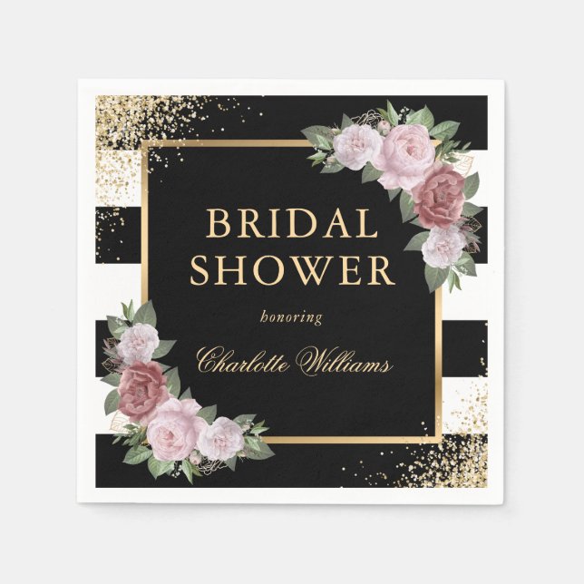 Black and White Stripes Pink Floral Bridal Shower Napkins (Front)