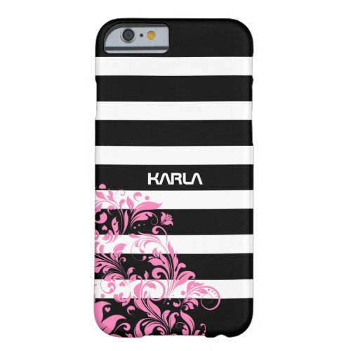 Black And White Stripes  Pink Floral Lace Barely There iPhone 6 Case