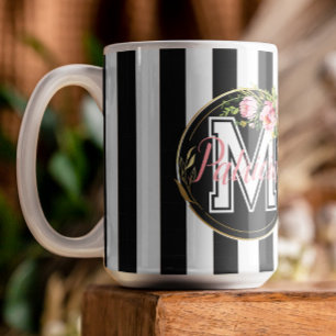 black and white Stripes pink Floral monogram Coffee Mug