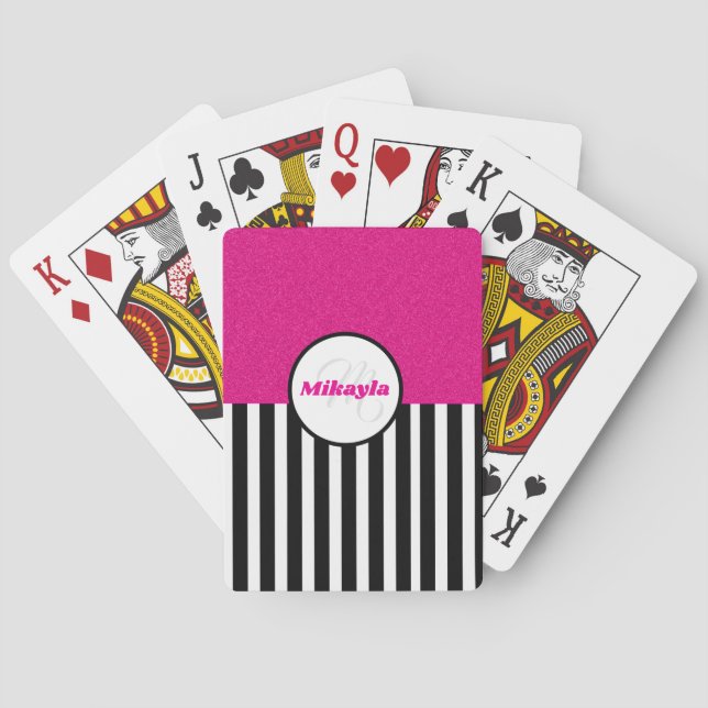 Black and White Stripes Pink Glitter Texture Poker Cards (Back)