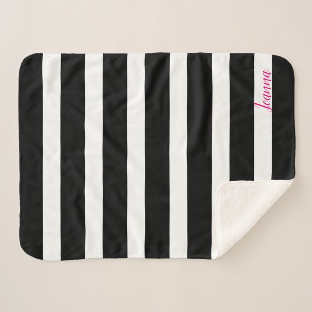 Black And White Stripes Pink Monogram Sherpa Blanket (Front (Horizontal))