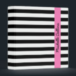 Black and white stripes pink personalized name binder<br><div class="desc">Modern binder featuring a pattern och black and white,  horizontal stripes. Across the front is a pink band with customizable text. Add a name or other text. Stylish and fun design for women.</div>