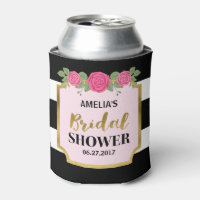 Black and White Stripes Pink Roses Bridal Shower Can Cooler