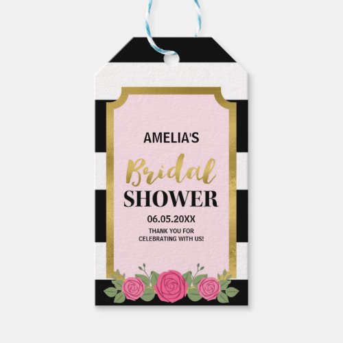 Black and White Stripes Pink Roses Bridal Shower Gift Tags