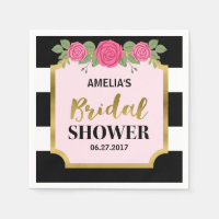 Black and White Stripes Pink Roses Bridal Shower Paper Napkin