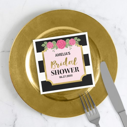 Black and White Stripes Pink Roses Bridal Shower Paper Napkins