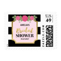 Black and White Stripes Pink Roses Bridal Shower Postage