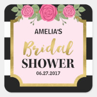 Black and White Stripes Pink Roses Bridal Shower Square Sticker