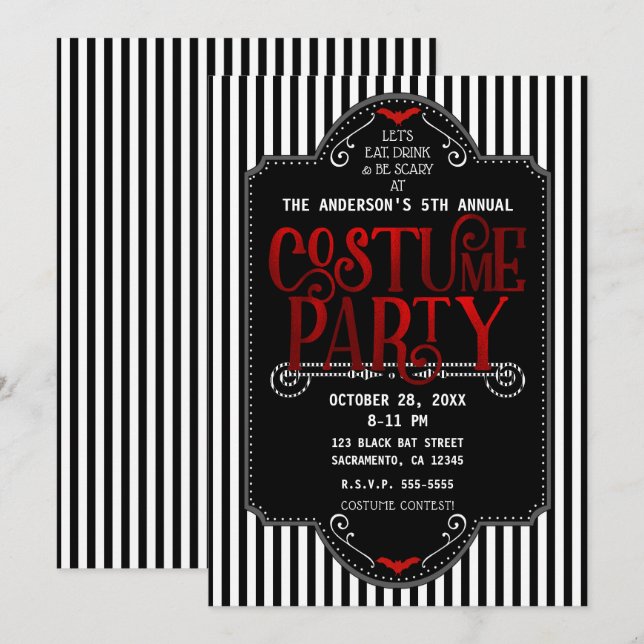 Black And White Stripes Red Gothic Costume Party Invitation (Front/Back)