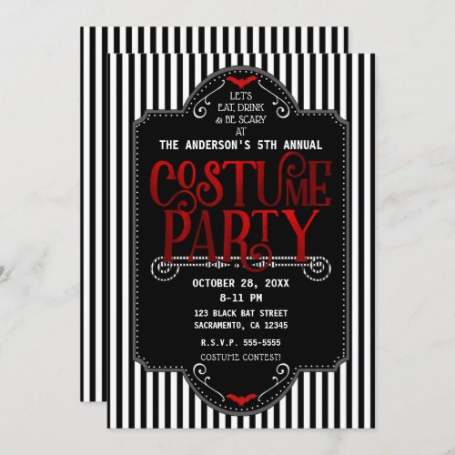 Black And White Stripes Red Gothic Costume Party Invitation