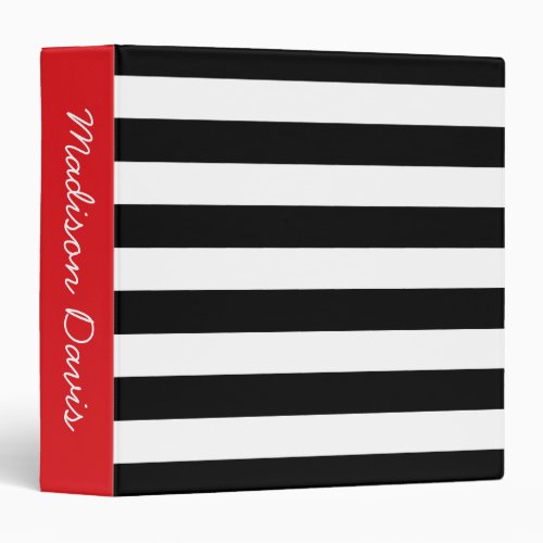 Black and White Stripes Red Personalized 3 Ring Binder