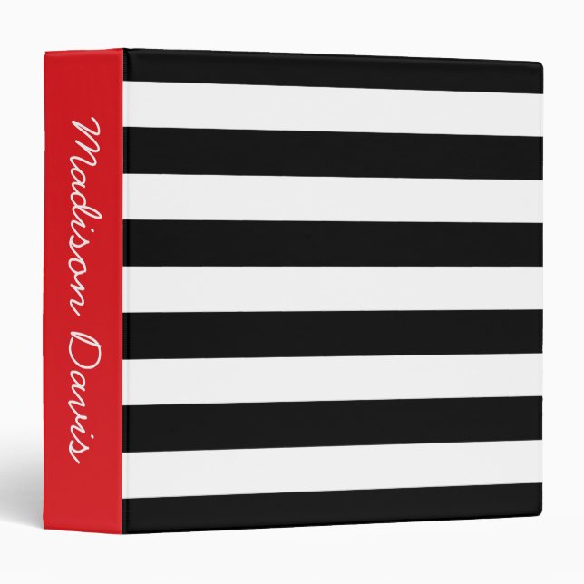 Black and White Stripes Red Personalized 3 Ring Binder (Front/Spine)