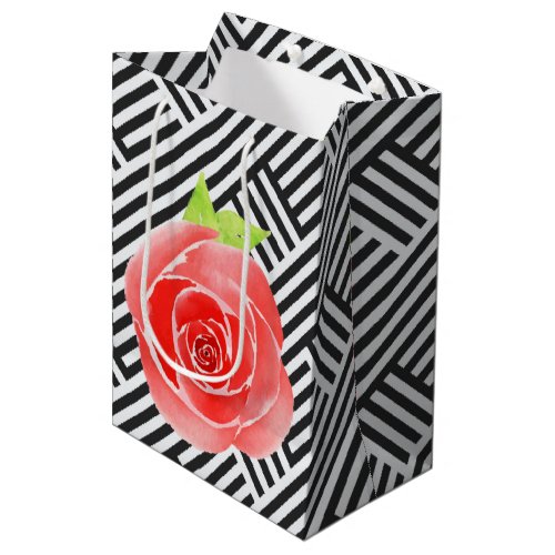 Black and White Stripes Red Roses Floral Medium Gift Bag