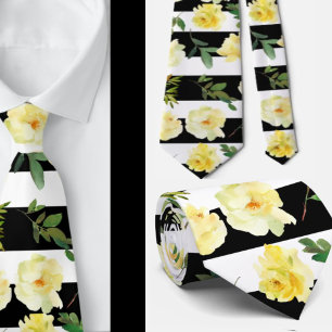Black and White Stripes Roses Groomsmen Wedding Neck Tie
