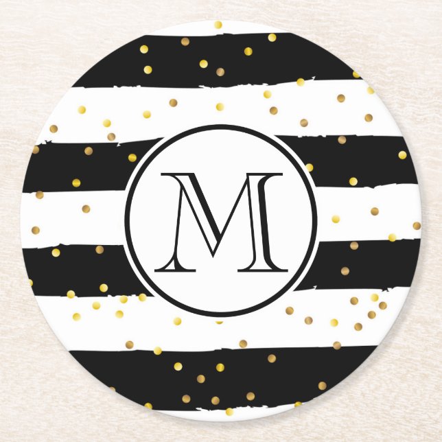 Black and White Stripes Round Paper Coaster (Front)