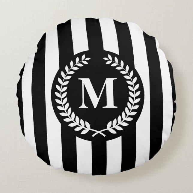 Black and White Stripes Round Pillow (Front)