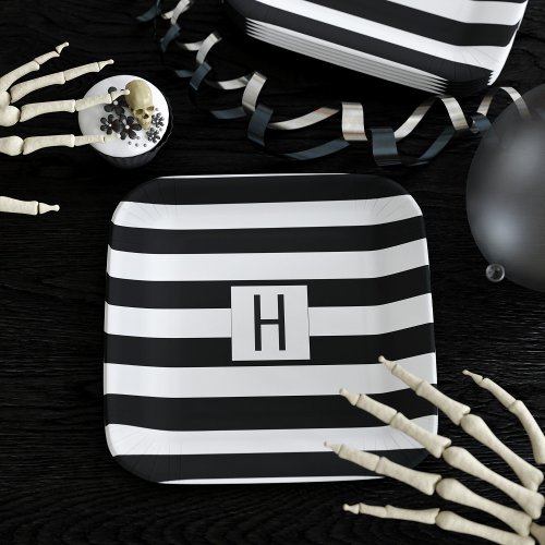 Black and White Stripes Simple Monogrammed Paper Plates