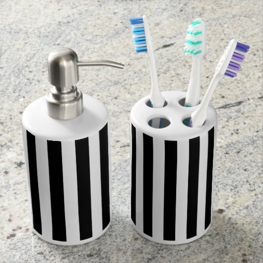 Black and White Stripes Soap Dispenser & Toothbrush Holder (Front)