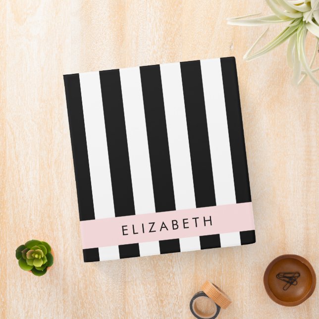 Black and White Stripes, Striped, Lines, Your Name 3 Ring Binder (In Situ)