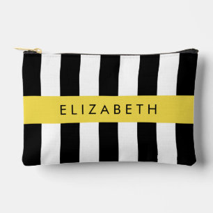 Black and White Stripes, Striped, Lines, Your Name Accessory Pouch
