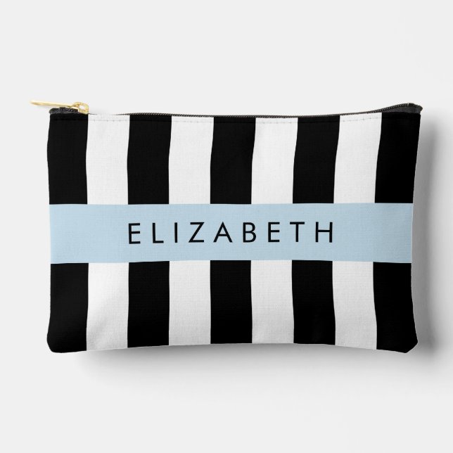 Black and White Stripes, Striped, Lines, Your Name Accessory Pouch (Front)