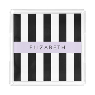 Black and White Stripes, Striped, Lines, Your Name Acrylic Tray