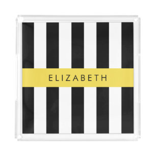 Black and White Stripes, Striped, Lines, Your Name Acrylic Tray