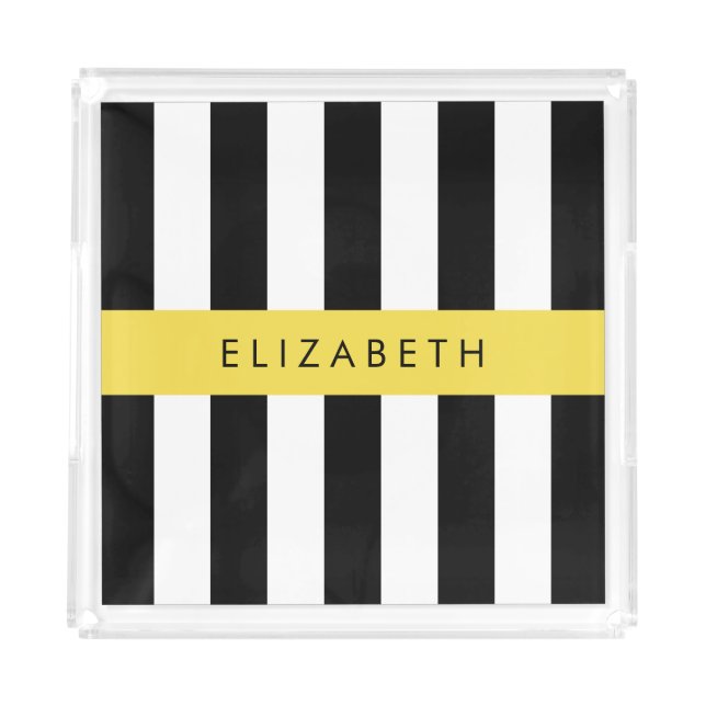 Black and White Stripes, Striped, Lines, Your Name Acrylic Tray (Front)
