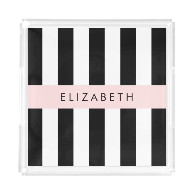 Black and White Stripes, Striped, Lines, Your Name Acrylic Tray (Front)