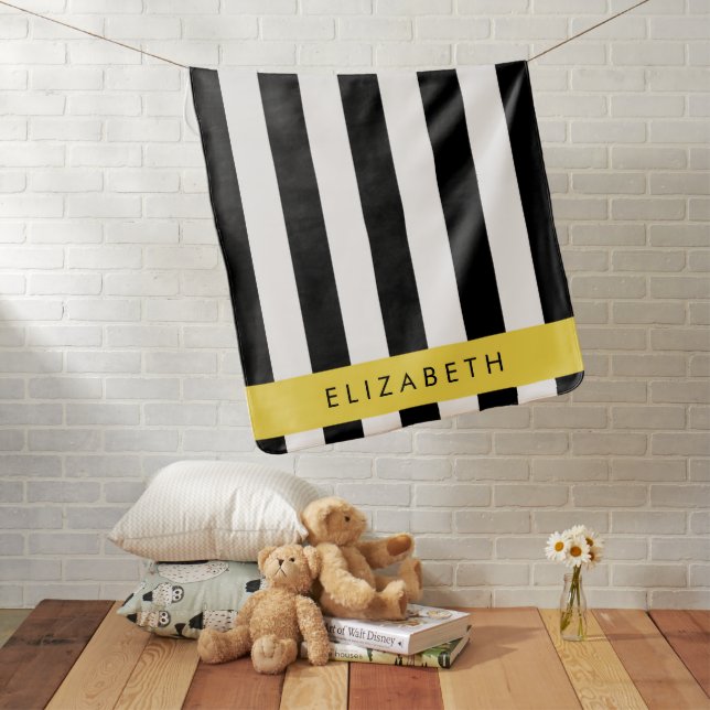 Black and White Stripes, Striped, Lines, Your Name Baby Blanket (In Situ)