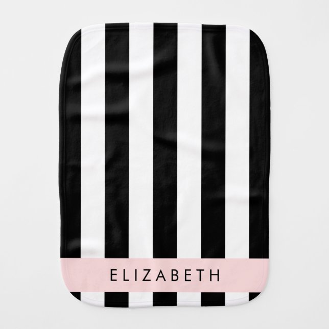 Black and White Stripes, Striped, Lines, Your Name Baby Burp Cloth (Front)