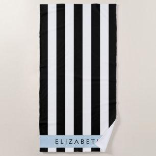 Black and White Stripes, Striped, Lines, Your Name Beach Towel