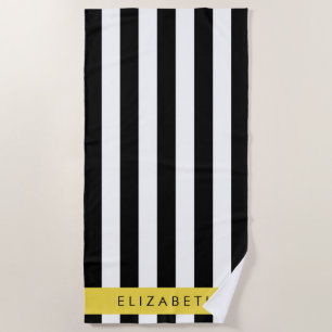 Black and White Stripes, Striped, Lines, Your Name Beach Towel